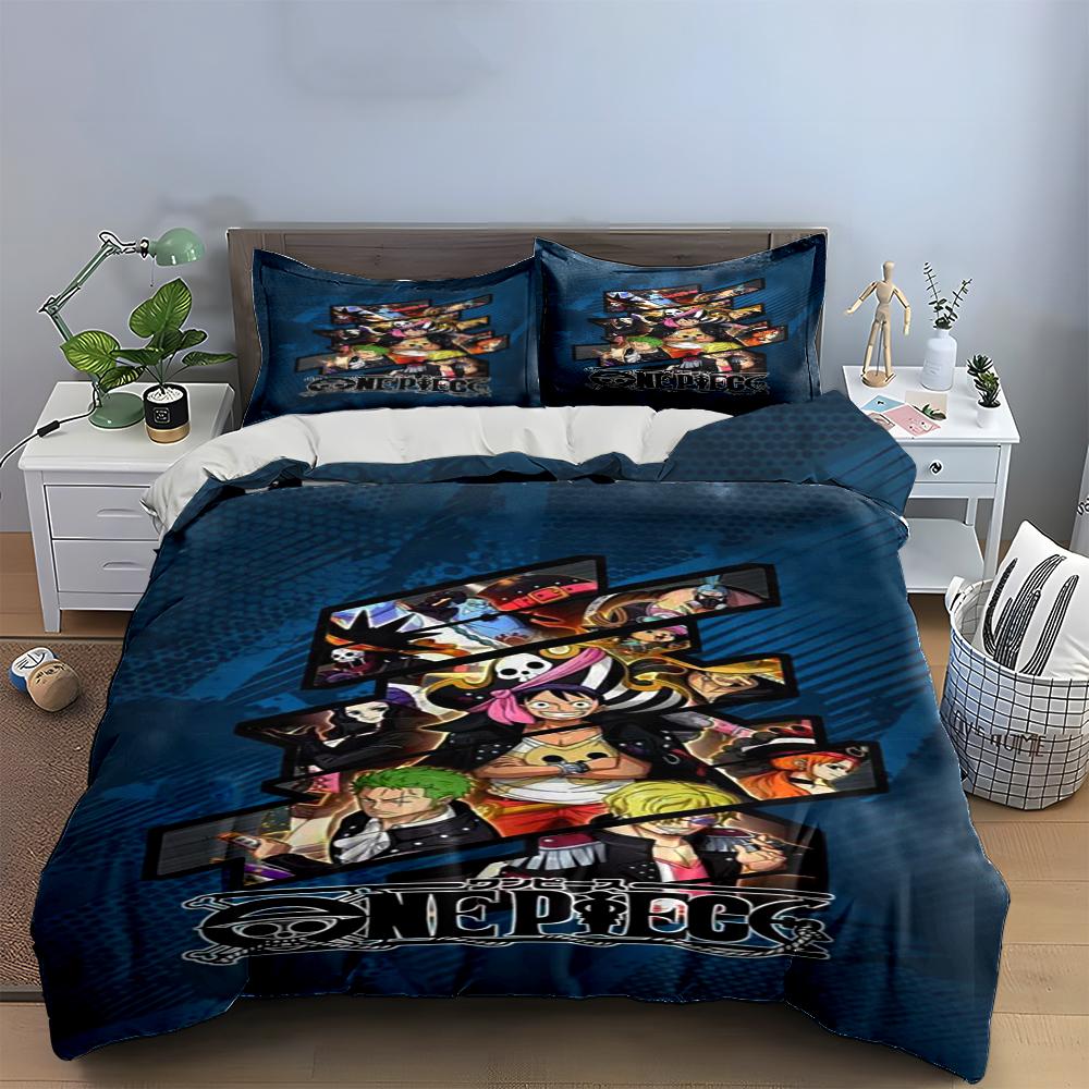 One Piece Anime Bedding Set Blue Design Bedding set (1 duvet cover, 2 pillowcases, duvet not included)