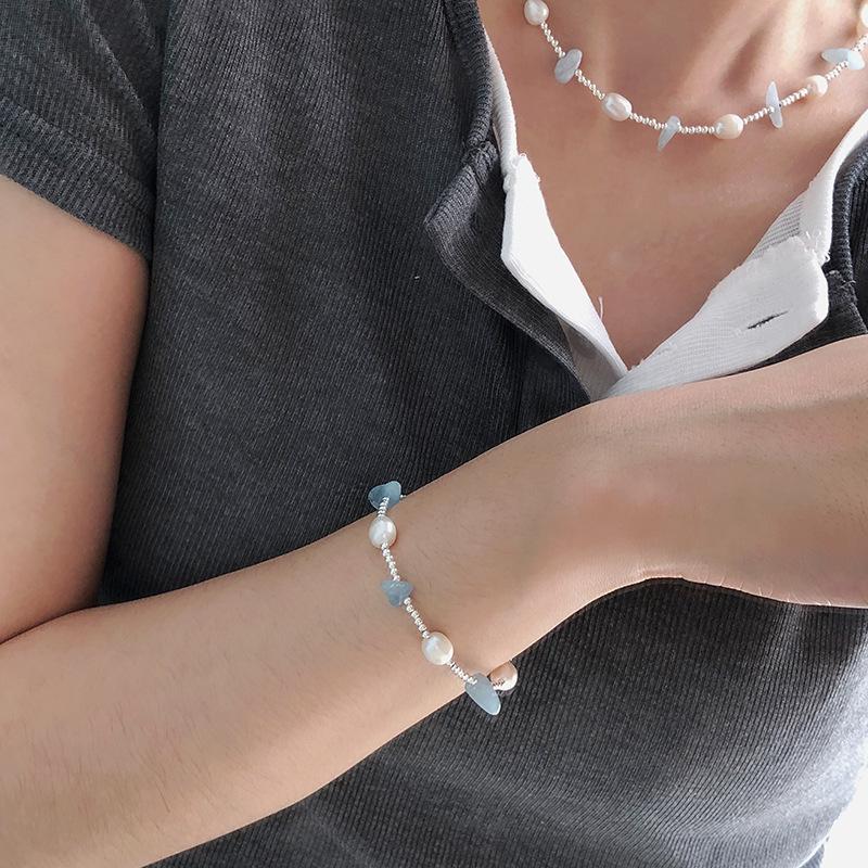 Неправильной формы аквамарин и пресноводный жемчуг S925 стерлинговое серебро минималистичное колье