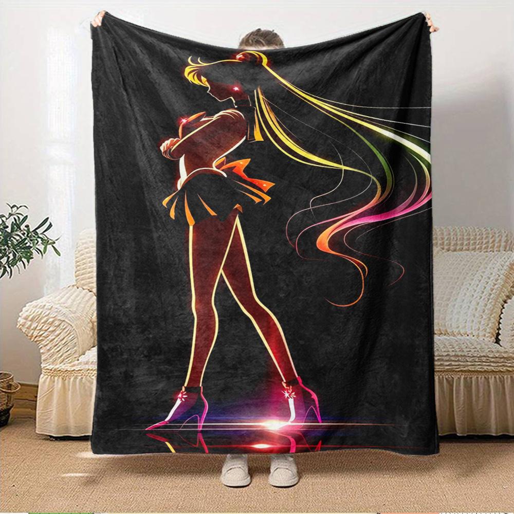 For Sailor Moon,Neon Lights,Silhouette-Themed Flannel Blanket, Glam Style, Digital Print, All-Season Comfort, Tear-Resistant, Knitted Crafts