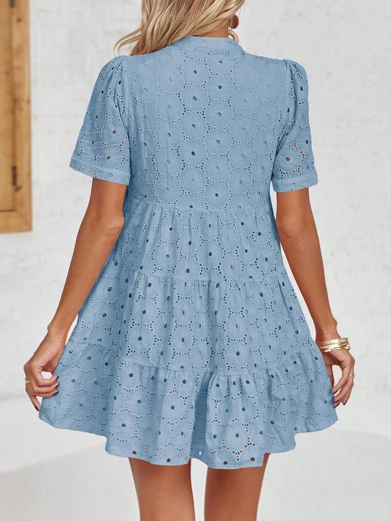 Women's Eyelet Lace Babydoll Dress Short Sleeve V Neck Flowy Summer Tunic Dress