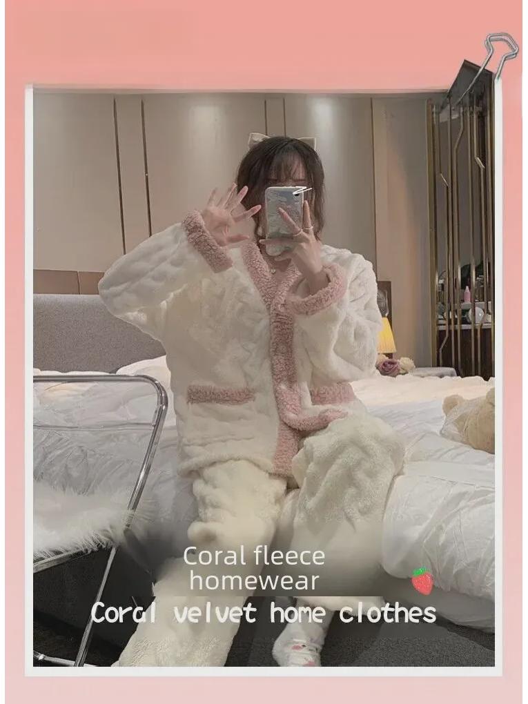 Женская пижама из кораллового флиса в корейском стиле - домашний костюм из плотной бархатной фланели