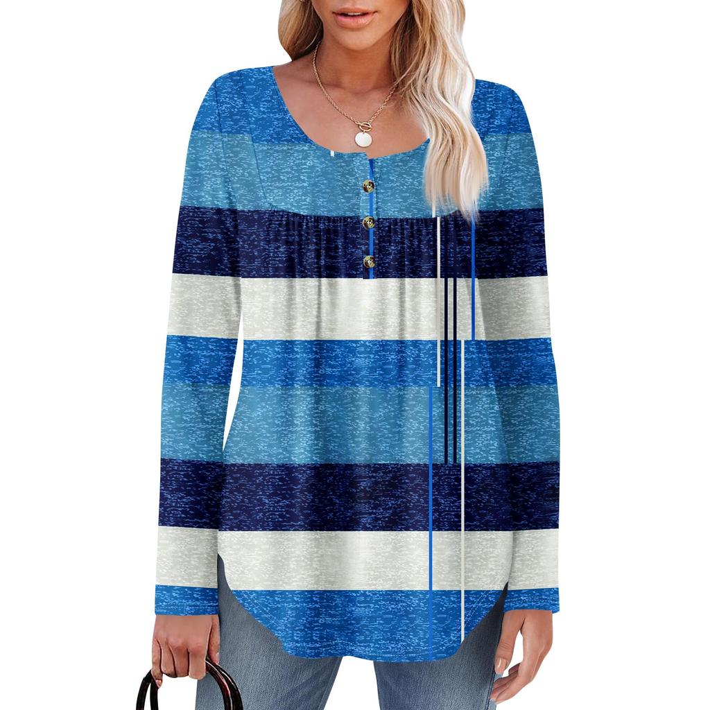 Женская туника с длинным рукавом, свободные топы, повседневные топы оверсайз, плиссированная туника, застегивающаяся на пуговицы, повседневные женские топы с принтом