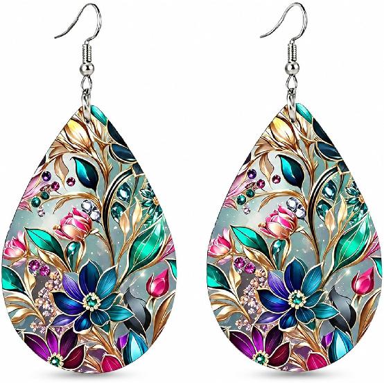 Flower Teardrop Earrings for Women Colorful Floral Teardrop Drop Dangle Earrings Unique Elegant Lightweight Double Sided Earring Summer Statement