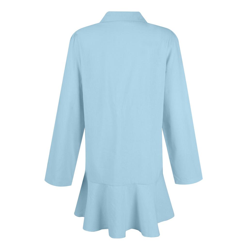 Женская мода, повседневная полуоткрытая рубашка, классические однотонные платья на пуговицах с подолом и рюшами