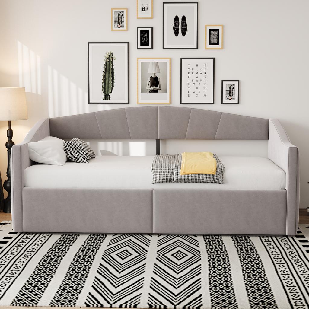 Upholstered Bed Sofa Bed 90*200 cm, With Hydraulic Storage, With Slatted Frame and Armrests, Classic Striped, Single Bed, Velvet Fabric, Light Grey