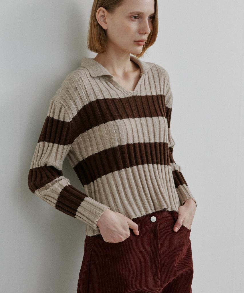 WIOE Basic Collar Stripe Knit_Brown