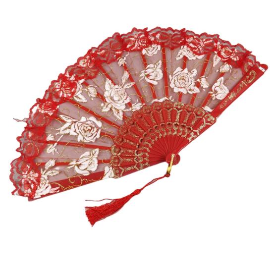 Rose Lace Folding Fan with Tassel Vintage Wedding Dance Performance Photo Props Portable Summer Hand Held Fan Party Supplies Gift