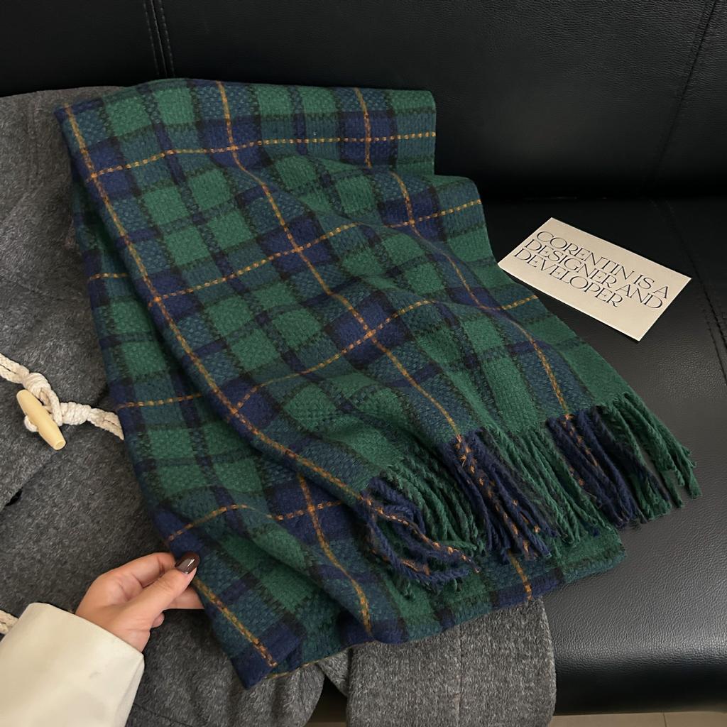 Autumn and Winter High-end Fashion Woven Plaid Scarf Sweet and Elegant Temperament Imitation Cashmere Warm Fringed Shawl