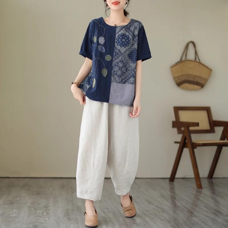 Dimanaf 2024 летние женские футболки больших размеров с цветочным принтом, элегантные лоскутные топы с рукавами, футболки, свободная повседневная льняная рубашка 91688