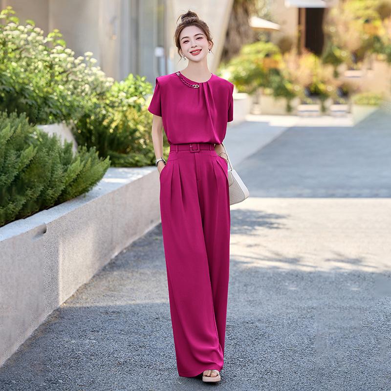 Костюм в стиле «королевская сестра», модный, женский, новый дизайн, рубашка с коротким рукавом, драпированные брюки широкого кроя, комплект из двух предметов, трендовый