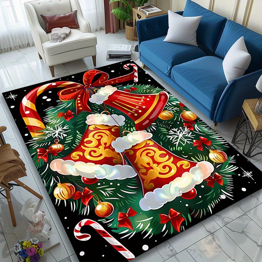 Festive Christmas Bells Area Rug - Crystal Velvet, Vibrant Holiday Design with Golden Bells, Candy Canes & Snowflakes,