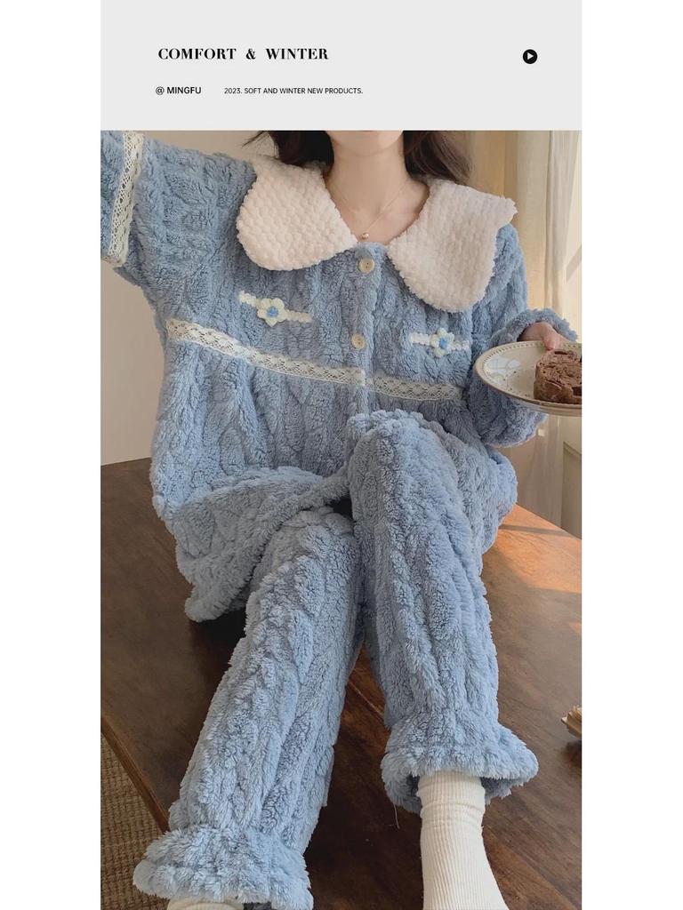 Женская пижама из кораллового флиса - плотный бархат, стиль принцессы, на осень и зиму