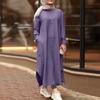 Womens Muslim Dress Islamic Clothing Long Sleeve Shirt Round Collar Solid Color Maxi Dresses Casual Pocket Musulman DubaiKaftan Robe Plus