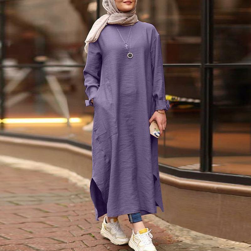Womens Muslim Dress Islamic Clothing Long Sleeve Shirt Round Collar Solid Color Maxi Dresses Casual Pocket Musulman DubaiKaftan Robe Plus