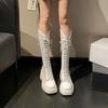 Новые летние модные крутые ботинки на высоком каблуке для женщин, ботинки на шнуровке на толстой подошве и сетчатые ботинки-чулки для женщин