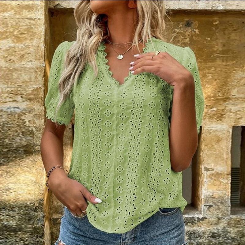 2024 Women Fashion Summer Blouse Elegant Lace Hollow Vintage Solid Shirt V-neck Lady Tops Puff Sleeve White 21385