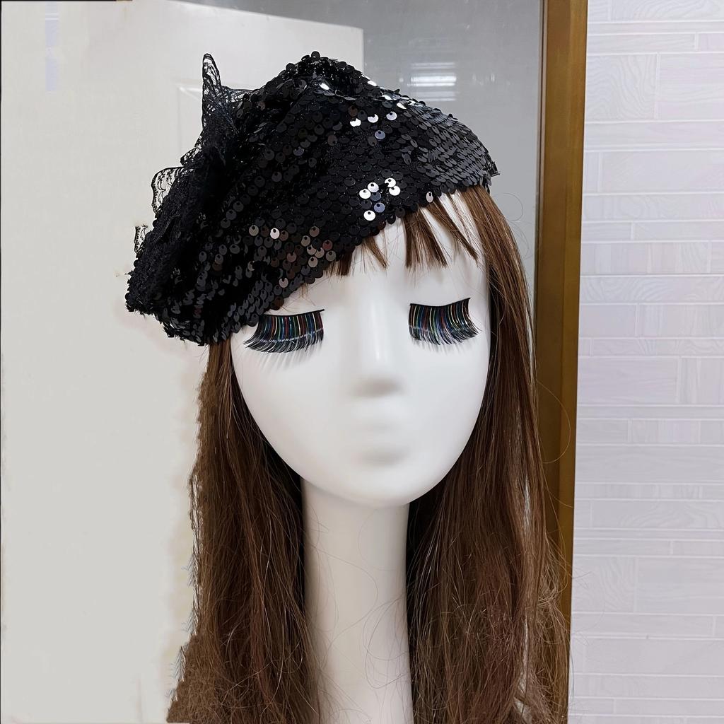 Spring Summer Vintage Glitter Sequin  Wide Brimmed Women's Half Hat Breathable Cover Hair Half Hat Hoop Headband French Fashion