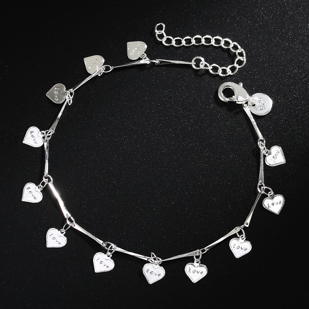 925 Silver-plated European, American, Japanese and Korean Couples Heart-to-heart Girl Bracelet Anklet Fashion Jewelry