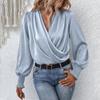 Lantern Long Sleeve Pleated Loose Shirt Ladies Elegant Women Cross V-neck Simple Blouse Solid Color Casual Tops Clothing 29658
