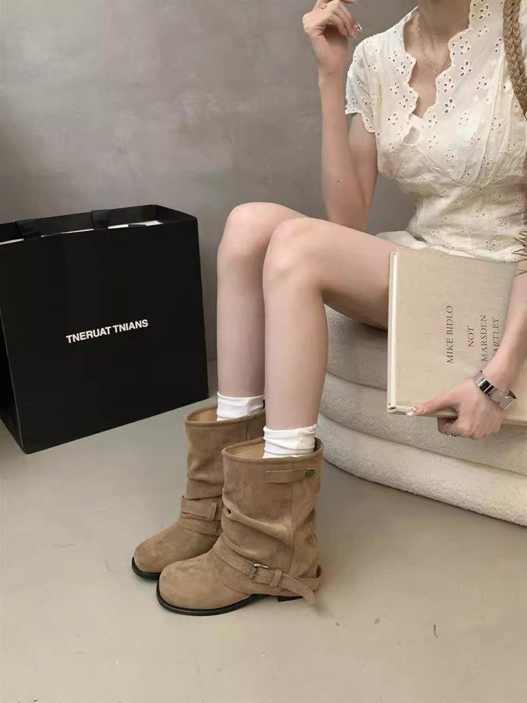 Leather Spice Girl Wasteland Wind Short Summer Boots Women's 2025 New Folded Pile Boots Wide Short Boots Pant Tube Boots
