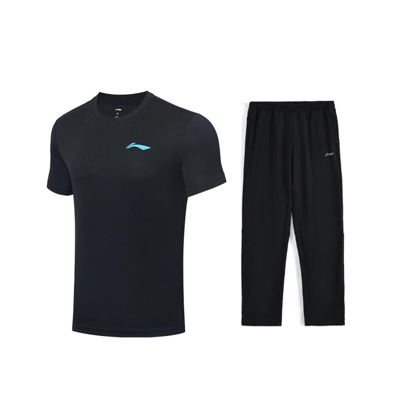 Li-Ning Однотонный Логотип Простой Универсальный Удобный Дышащий Пуловер С коротким рукавом Повседневный Спортивный Костюм Унисекс костюм Черный AHST347-1+AKLU881-1
