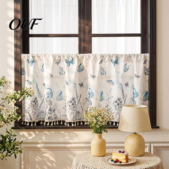 Watercolor Botanical Curtains Wildflowers Blossom Oven Skirt, Floral Valance Curtain with Colorful Tassels, Rod Pocket, Farmhouse Cabinet Stove Skirt