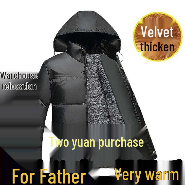 Мужское теплое бархатное хлопковое пальто большого размера - средней длины, свободного кроя для среднего и пожилого возраста
