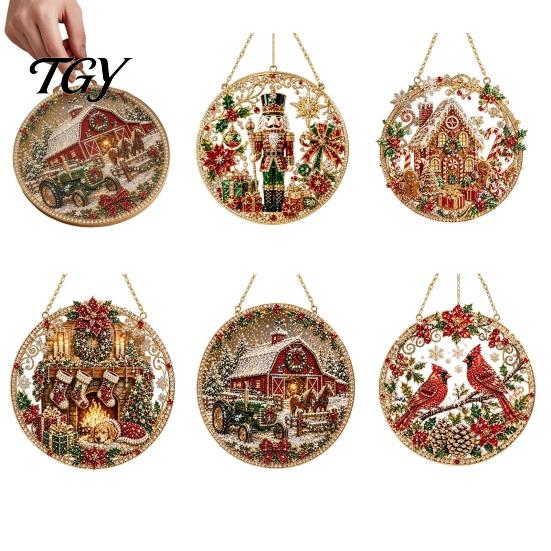 Christmas Tree Decorations Rhinestone Painting Suncatcher Kit, Round DIY Hanging Decor Indoor Outdoor Festive for Home, Craft Pendant Holiday