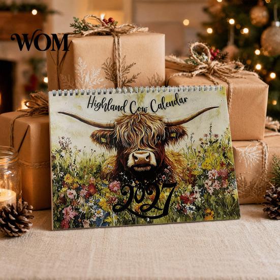 Professional Planning Calendar Highland Cow 2027, 12 Month Wall Hanging Planner with Minimalist Desk Large Daily Blocks, Home Office Organizer, Lover