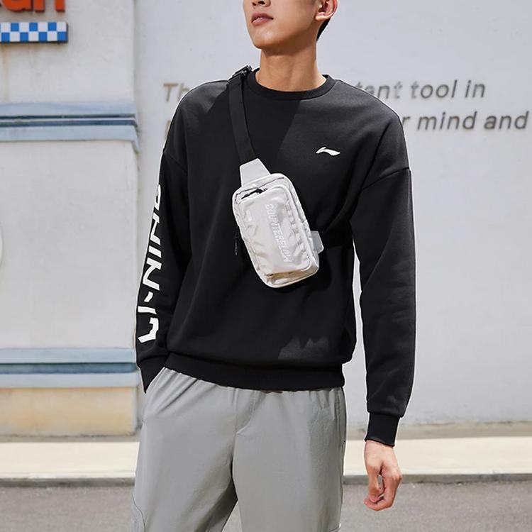 Флисовая теплая свободная толстовка с круглым вырезом и принтом логотипа серии Li Ning Training, черная AWDRF44-2