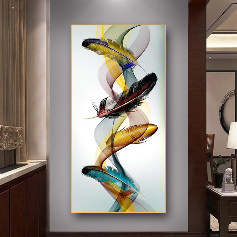 Abstract Feather Golden Yellow Deer Posters Prints Golden Feathers Canvas Painting Tree Wall Art for Living Room Home Decor