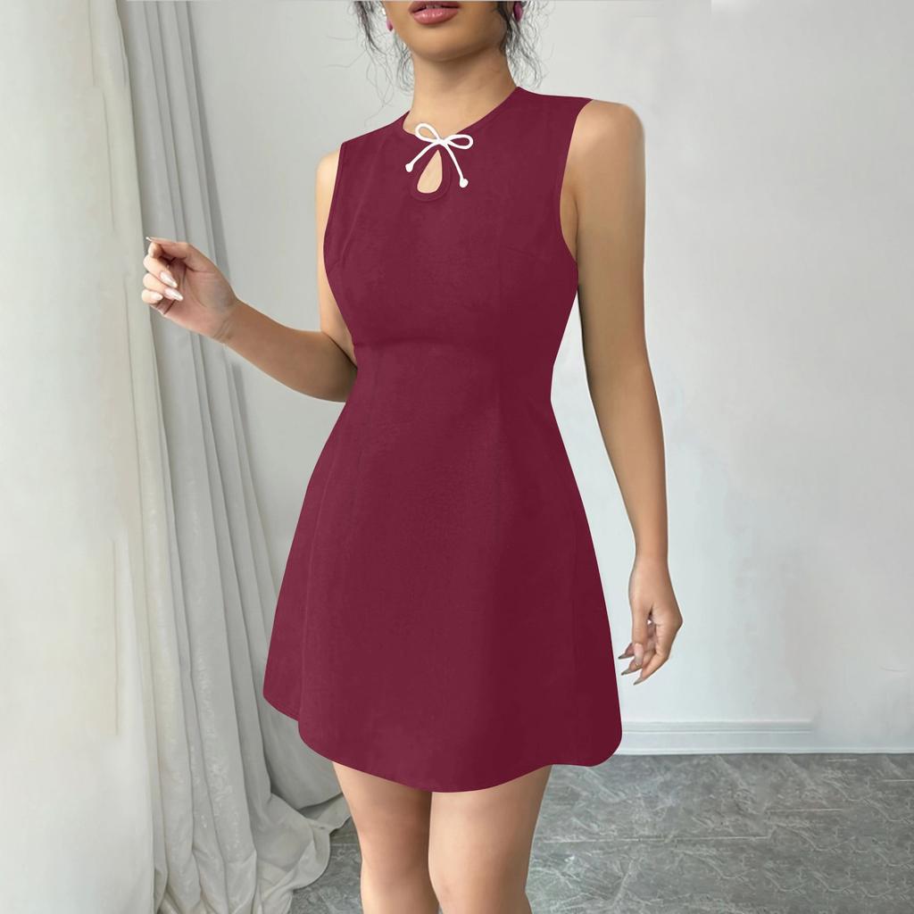 Женское однотонное платье без рукавов с поясом на талии, облегающее, с круглым вырезом и бантом