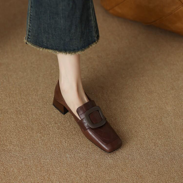 French Temperament Retro Loafer Small Leather Shoes British Style Thick Heel Low Heel One Pedal Comfortable Deep Mouth Square Buckle Single Shoes Wome