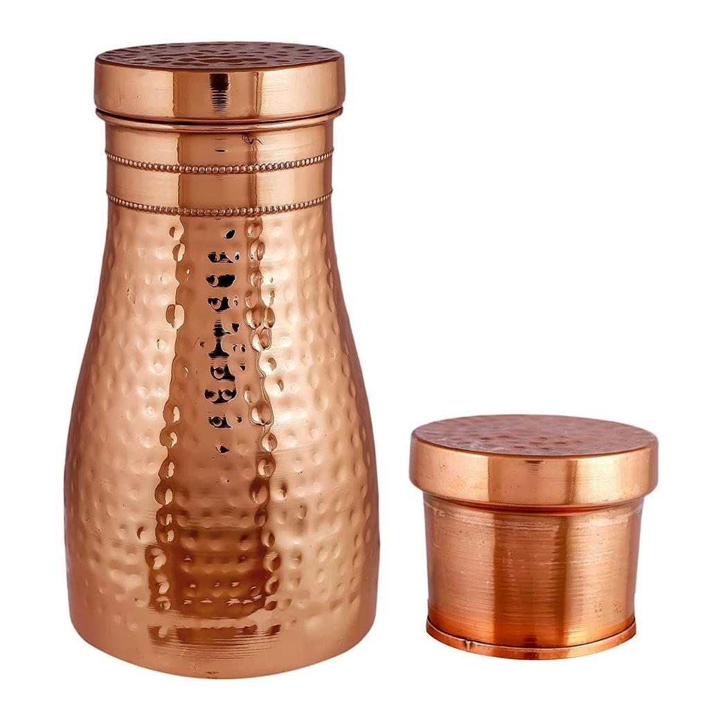 Copper Designer Copper Water Bottle | Pitchers | Water Jug | Bedroom Jar | Bedside Bottle Carafes with Tumbler/Glass with Lid 1250 ML (Hammered)