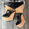 Shoes Newest Peep Toe Platform Wedge Slippers Black Summer Shoes Woman Sexy Super High Sandal Slippers Black 35-42 Mules PU Rubber