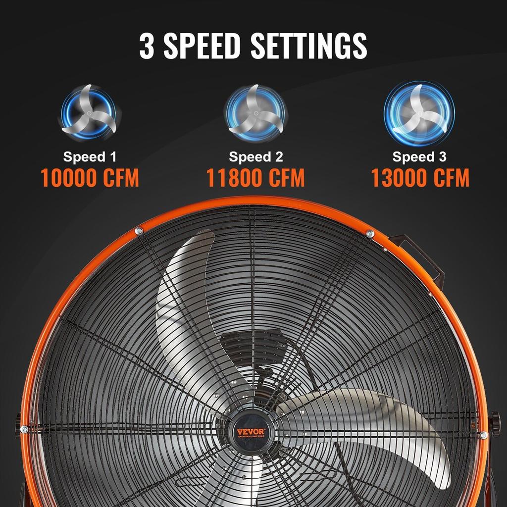 Drum Fan 30 Inch High Velocity Industrial Use 3-Speed 13000CFM for Warehouse