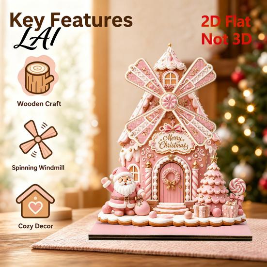 Classic Christmas Country House Windmill Ornament 2D Wooden Rotating Decoration Santa Holiday Decoration for Home Centerpiece Table Mantel