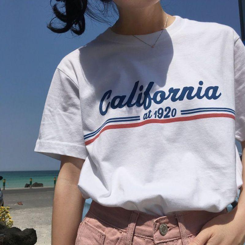 California At 1920 American Vintage Sports Style Pure Cotton Shoulder Short Sleeve T-shirt Women