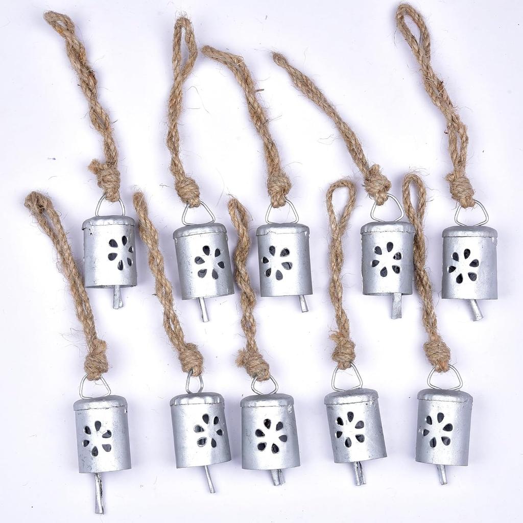 Handmade Rustic Hanging Bells for Farmhouse Decor, 10 Pc Vintage Jingle Bells for DIY Crafts and Christmas Ornaments