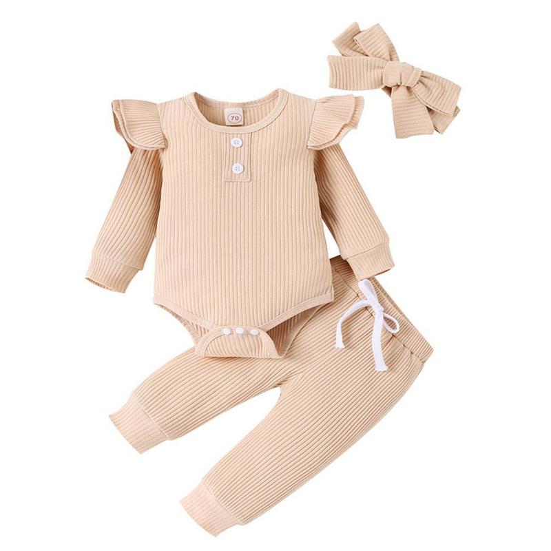 Baby Girl Long Sleeved Romper and Trousers with Headband Three-piece Set Solid Color Children's Clothing Set
