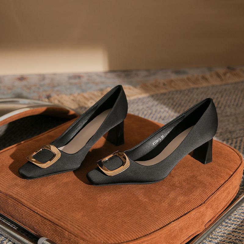 76055B fashion classic square head thick heel women's single shoes high sense sexy versatile square buckle women's single shoes