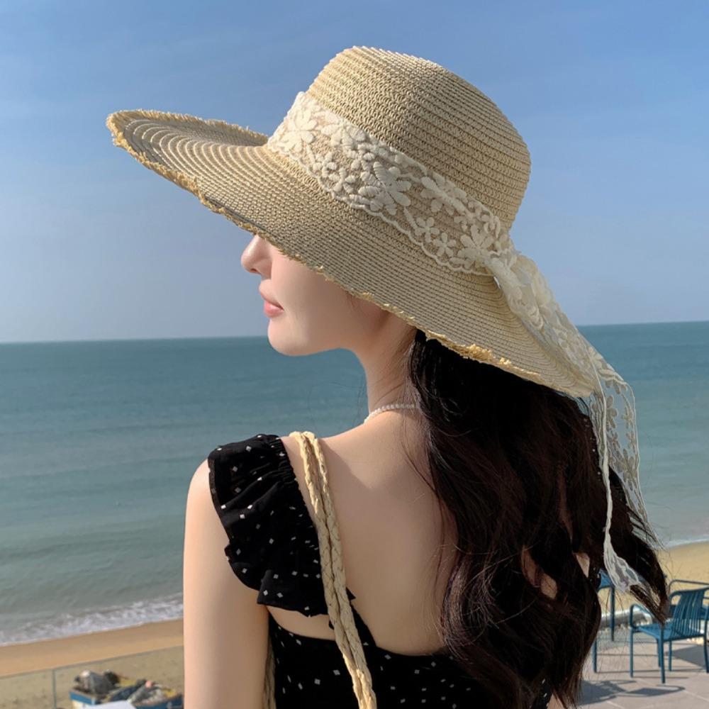 Breathable Wide Brim Sun Hat Large Brim Sunshade Cap Vacation Lace Bowknot Straw Hat  Woman