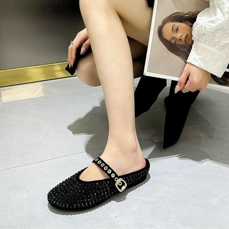 Fashion Vintage Rhindiamonds Soft Bottom Mary Jane Baotou Half Slippers Women 2025 New Spring Wear Lazy Sandals