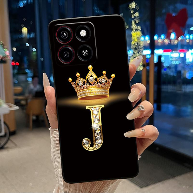 Cool Lucky A-Z Letter Phone Case For ZTE Blade A35/A55 Soft Silicone Black Case Shockproof Luxurious Glitter Crown Shell