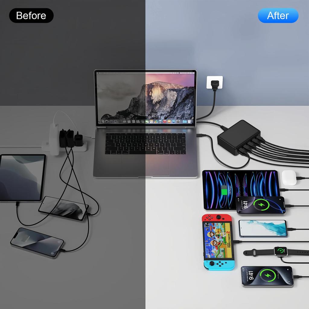 USB-зарядное устройство с 5 портами USB-C и 5 портами USB-A, общая мощность 70 Вт, 10 портов, модель 2025 года, быстрая зарядка, адаптер переменного тока, совместимо со смартфонами и планшетами