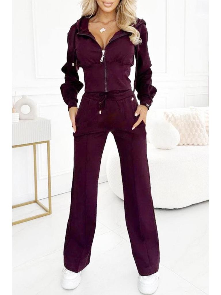 2025 Autumn/Winter Solid Color Hooded Zip-Up Top & Wide-Leg Pants Two-Piece Set
