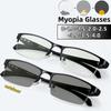 Men'S Classic Square Photochromic Half-Frame Myopia Glasses Anti-Blue Light Business Versatile Eye Protection Eyewear 0 To -4.0
