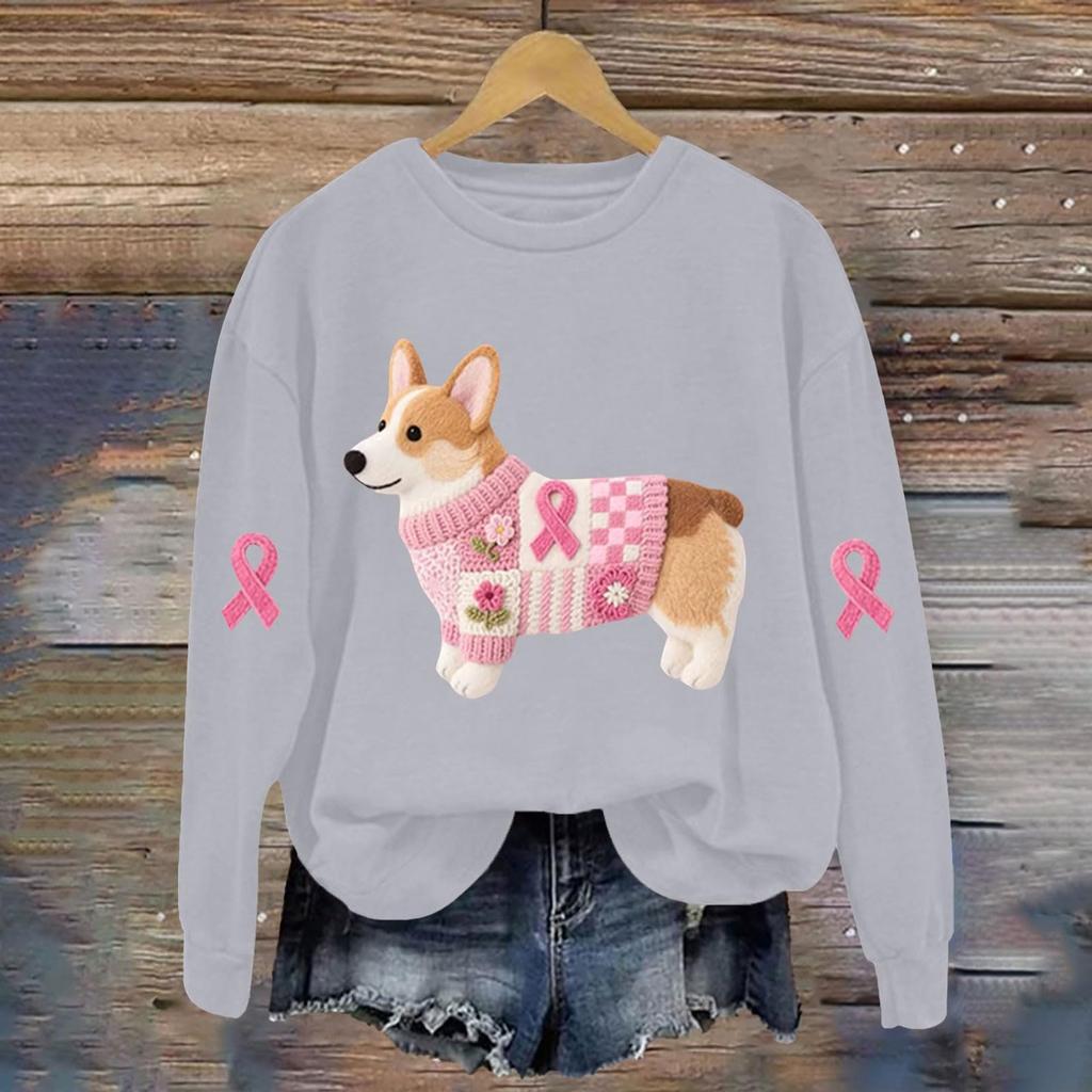 Breast  Sweatshirts For WomenRibbon Breast  Shirt Cute Dog Graphic  Long Sleeve Tops