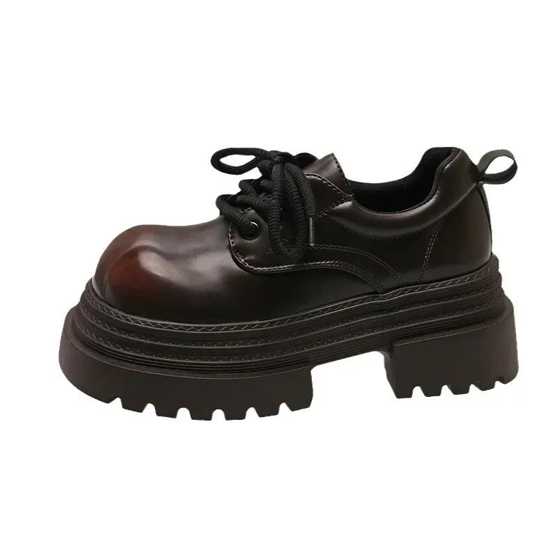 Женские кожаные туфли на толстой подошве 2025 весна новая британский стиль туфли из кожи с большой головой модные универсальные повседневные одинарные туфли