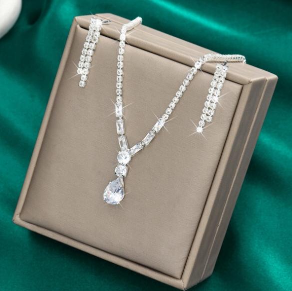 Elegant Jewelry Set: Earrings, Wedding Necklace, Silver, Zircons, B6
